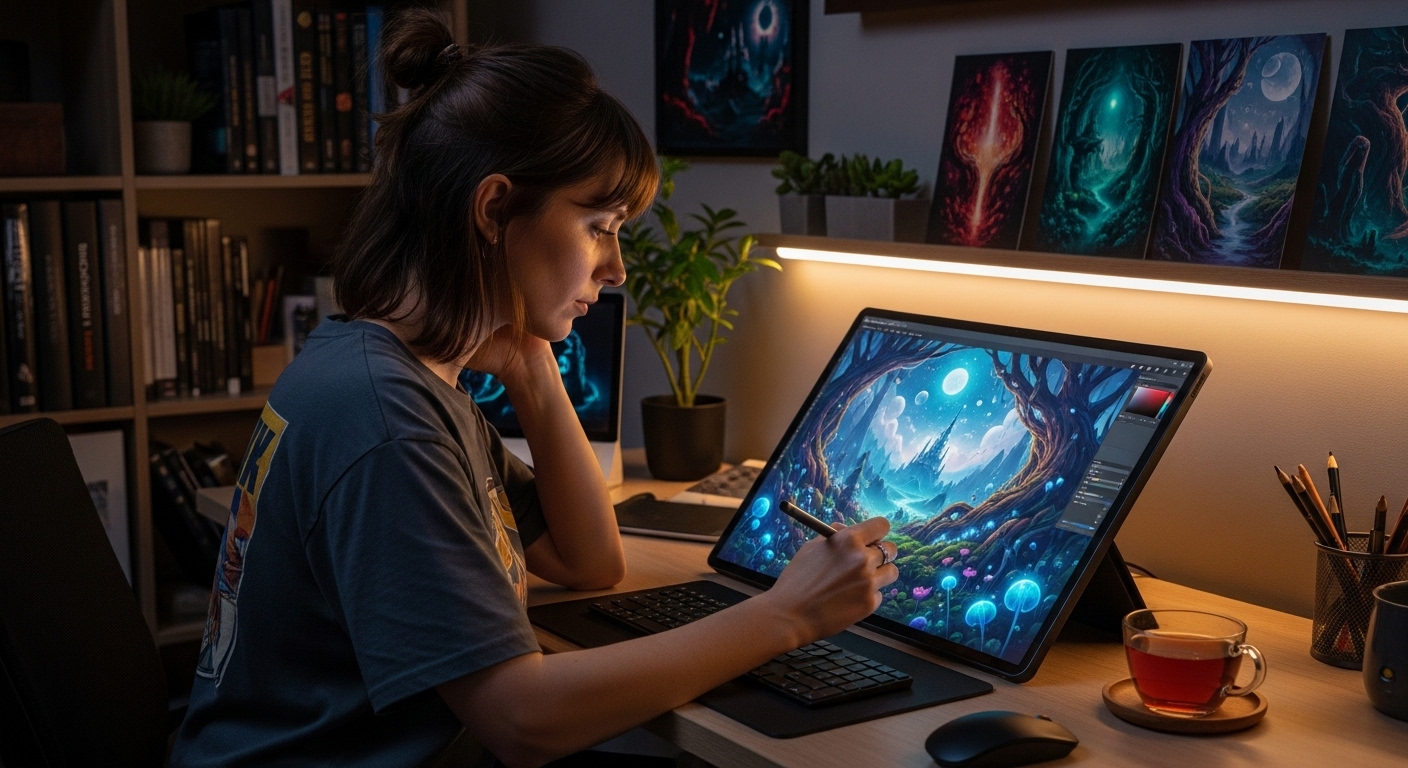 Digital artist working with dithering techniques and retro graphics design tools