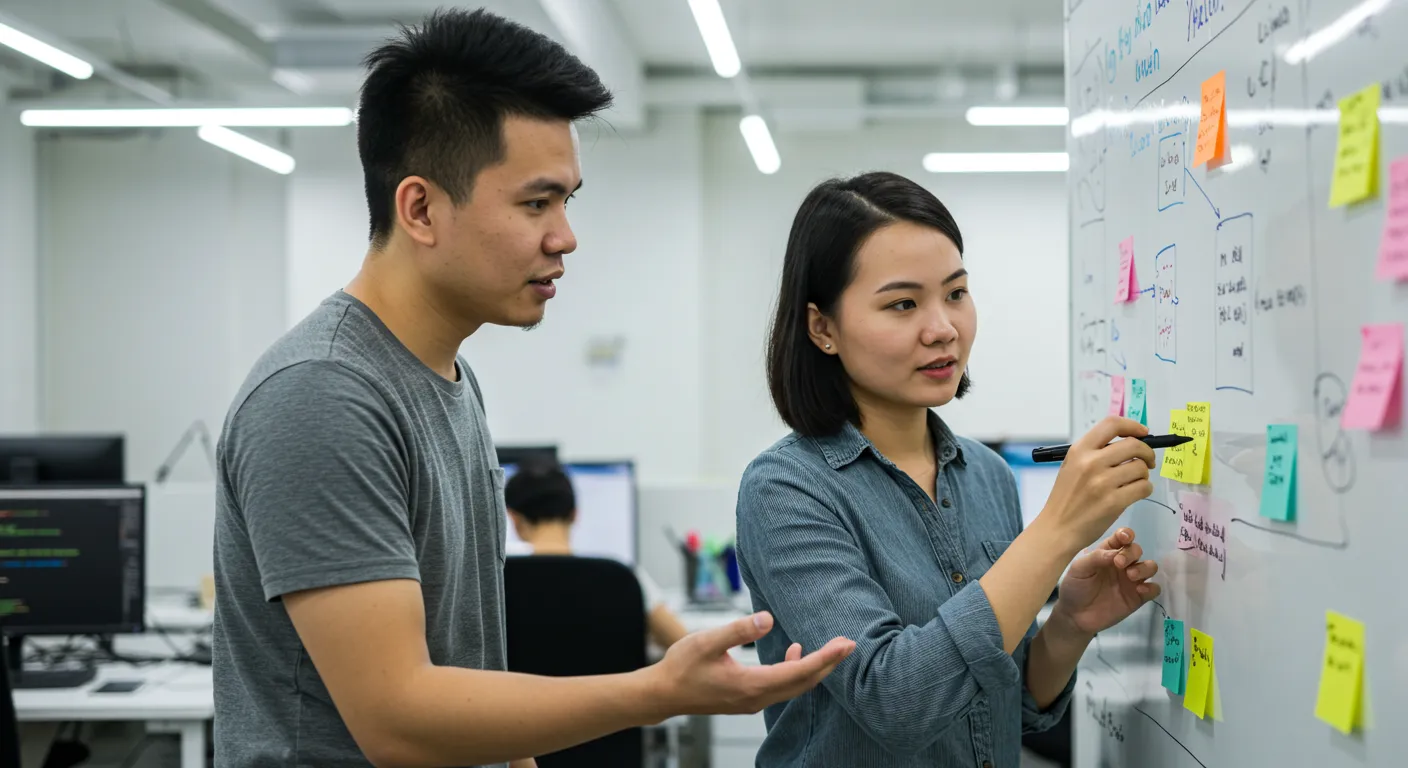 Vietnamese developers collaborating in a modern workspace